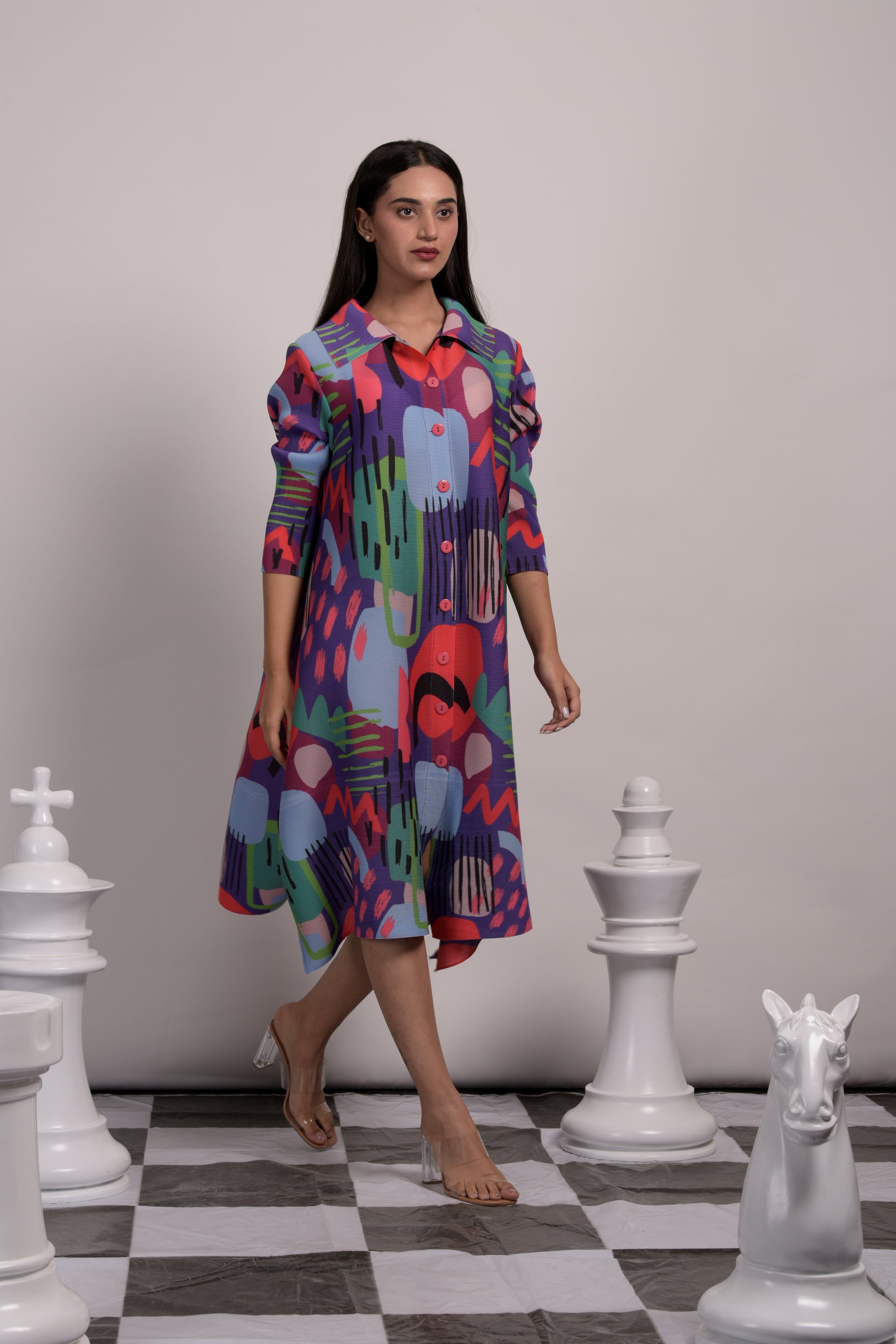 Button Up Collared Shirt Dress - Splashy Purple