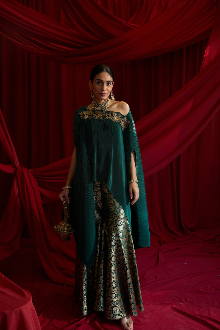 Divine Embroidered Cape with Brocade Sharara Pants - Emerald Green