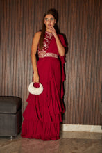 Load image into Gallery viewer, Reyna Glazed Classy Ruffle Saree with Gara Blouse and Belt - Red