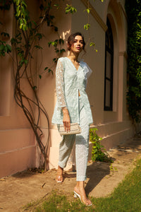 Exquisite Embroidered Slit Peplum Kurta With Straight Pants - Frost Blue