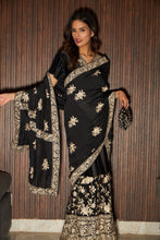 Load image into Gallery viewer, Reyna Glazed Classy Pleated Gown Saree with Gara Pallah and Belt - Black