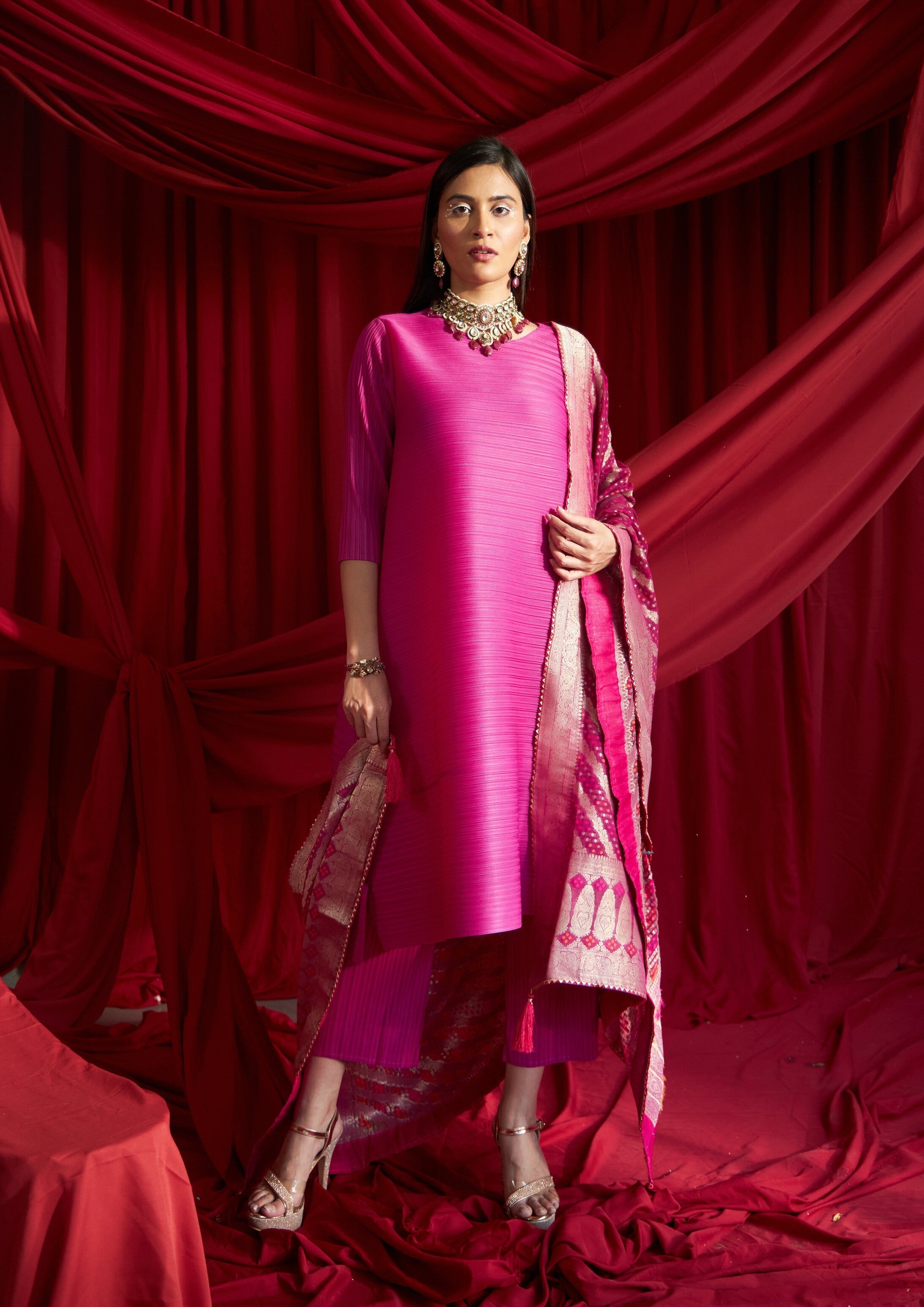 Siara Kurta with Plisse Straight Pants - Fushia