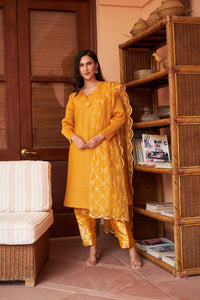 Elegant Pleated & Brocade Tunic Set with Dupatta and Potli- Yellow