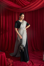 Load image into Gallery viewer, Reyna Glazed Classy Pleated Color Block Gown Saree with Gara Belt - Black &amp; Grey