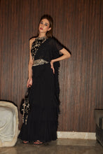 Load image into Gallery viewer, Reyna Glazed Classy Ruffle Saree with Gara Blouse and Belt - Black