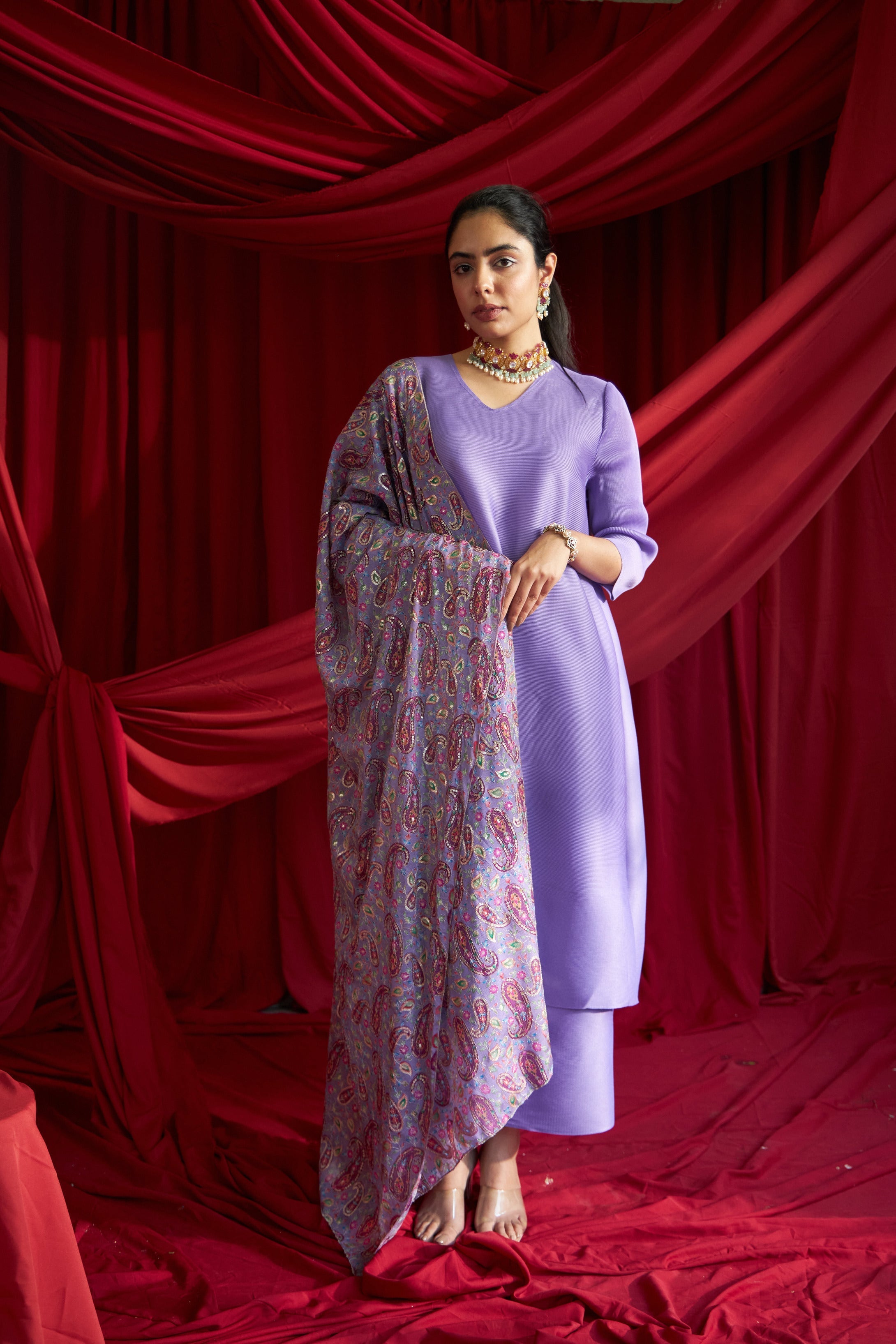 Kiara Kurta with Culottes Pants with Chunni- Lavender