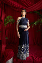 Load image into Gallery viewer, Reyna Gara Glazed Classy Pleated Gown Saree with Belt - Navy Blue