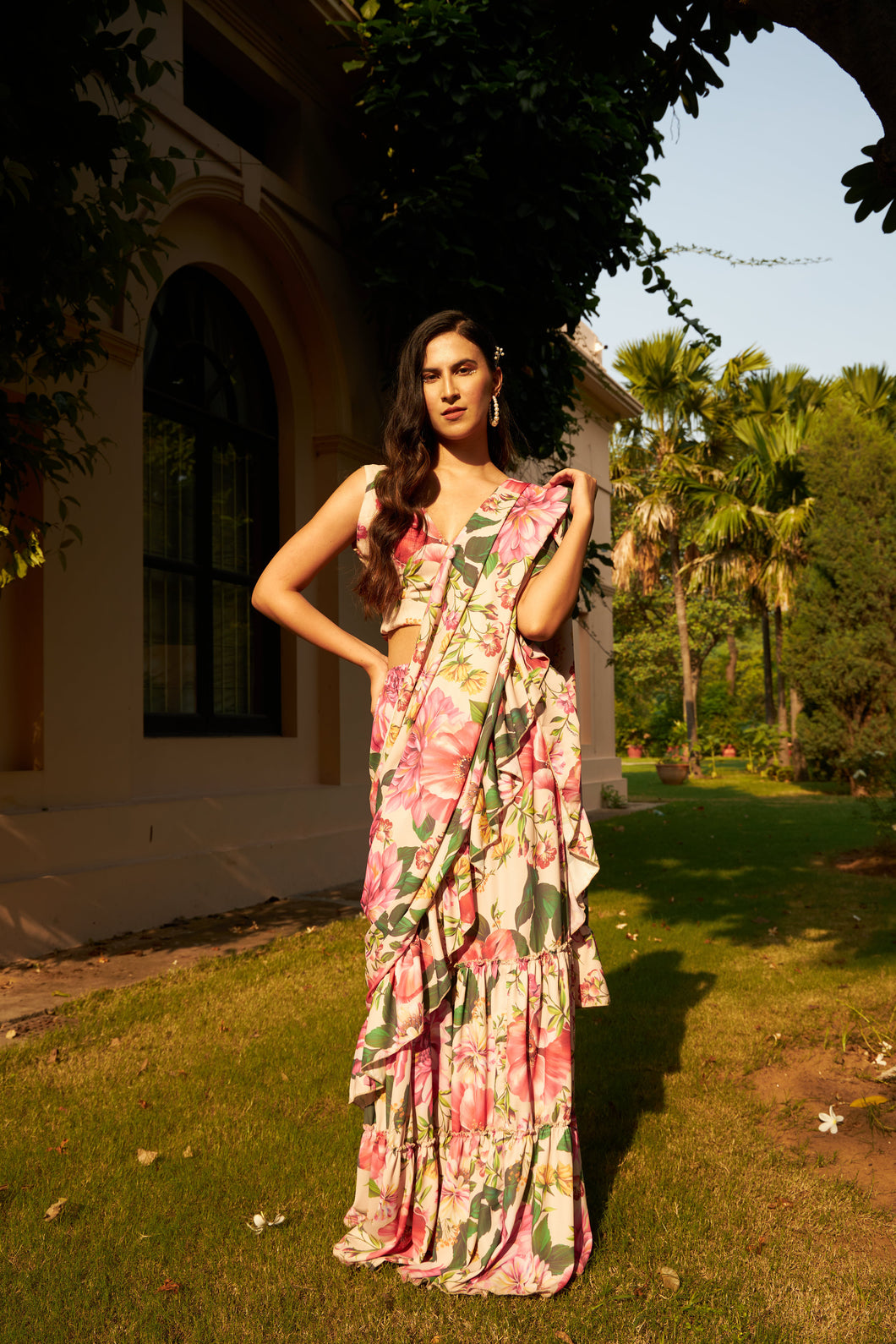 Floral Fantasy Tiered Ruffled Skirt Saree with Plunge Top - Pink Magic