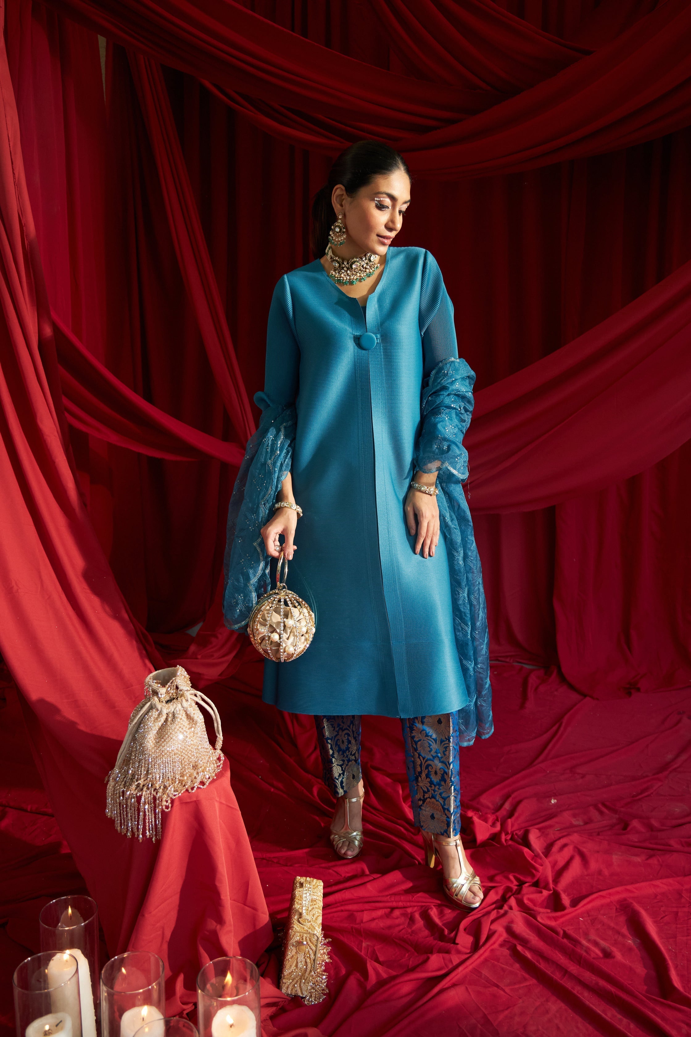 Elegant Pleated &amp; Brocade Tunic Set with Dupatta - Teal