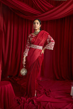 Load image into Gallery viewer, Reyna Glazed Pleated Skirt Saree with Gara Bell Sleeve Blouse and Belt - Red