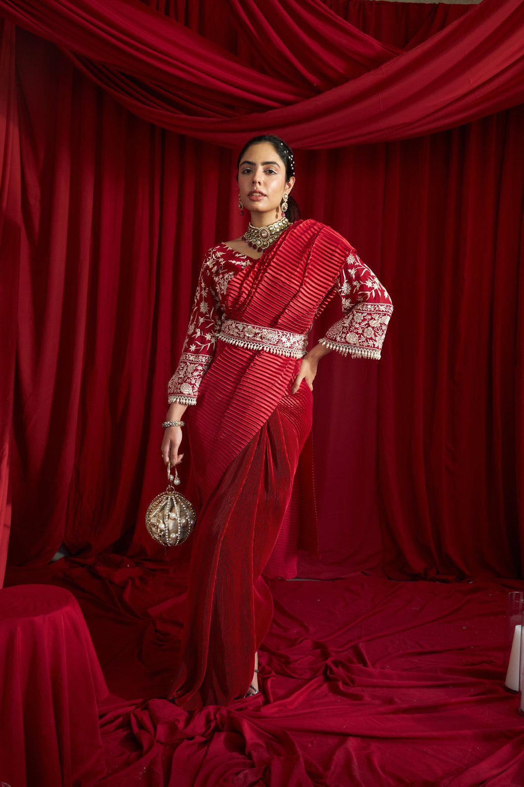 Reyna Glazed Pleated Skirt Saree with Gara Bell Sleeve Blouse and Belt - Red