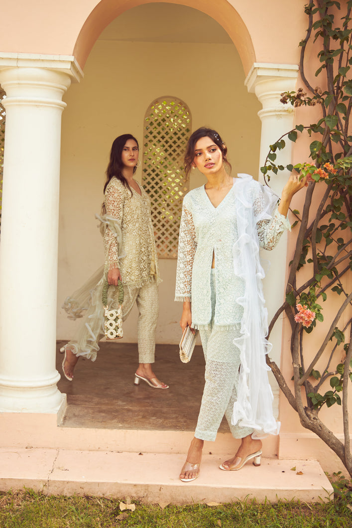 Exquisite Embroidered Slit Peplum Kurta With Straight Pants - Frost Blue