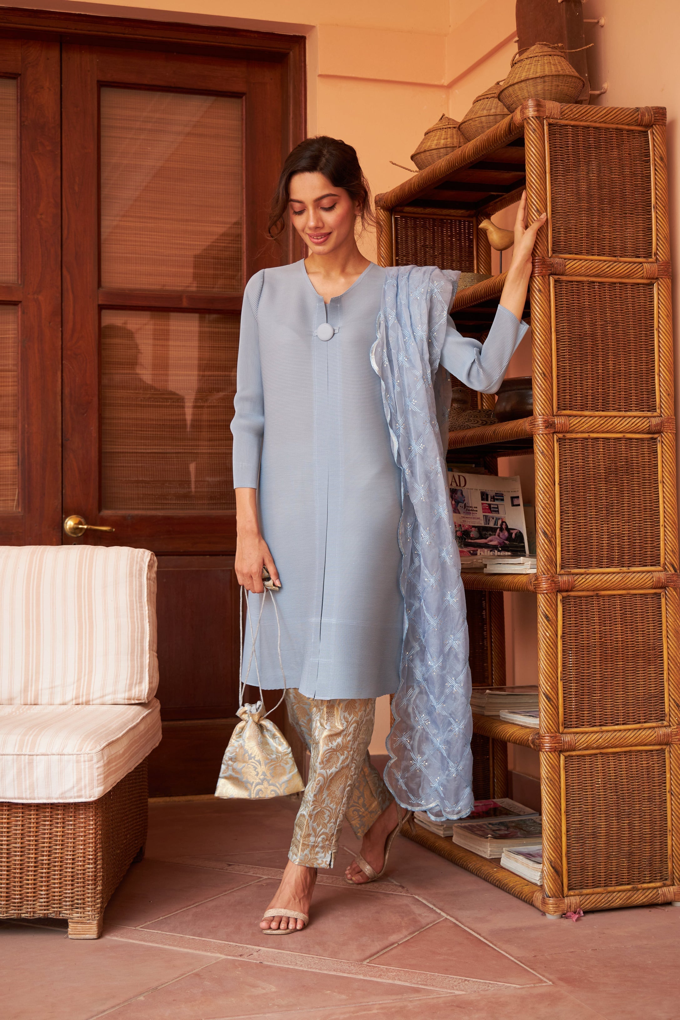 Elegant Pleated &amp; Brocade Tunic Set with Dupatta and Potli- Pastel Blue