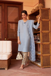 Elegant Pleated & Brocade Tunic Set with Dupatta and Potli- Pastel Blue