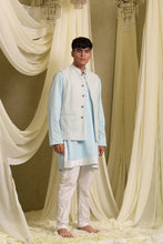 Load image into Gallery viewer, PLEATED STRIPE KURTA SET WITH CHIKANKARI EMBROIDERED JACKET - BLUE