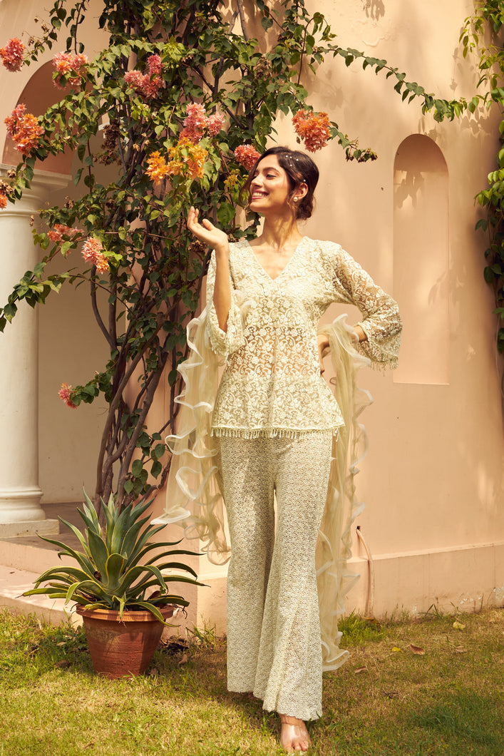 Exquisite Embroidered Lace Kurta With Sharara Pants - Pistachio