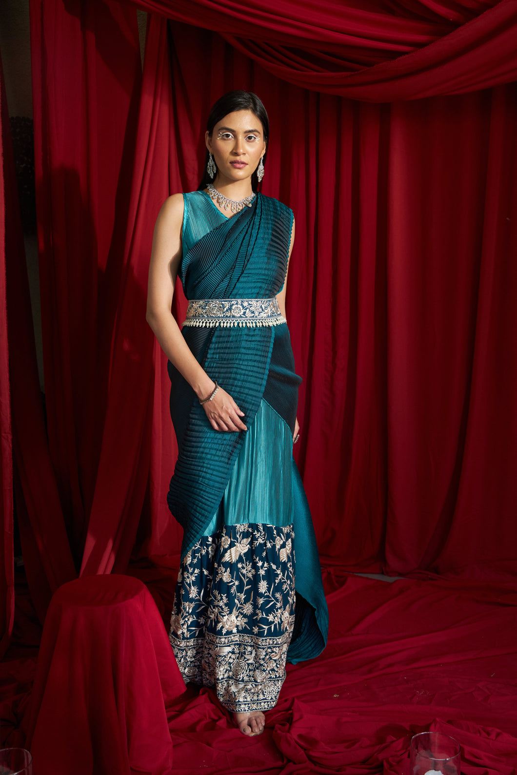 Reyna Gara Glazed Classy Pleated Gown Saree with Belt - Shades of Teal