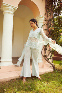 Exquisite Embroidered Lace Kurta With Sharara Pants - Frost Blue