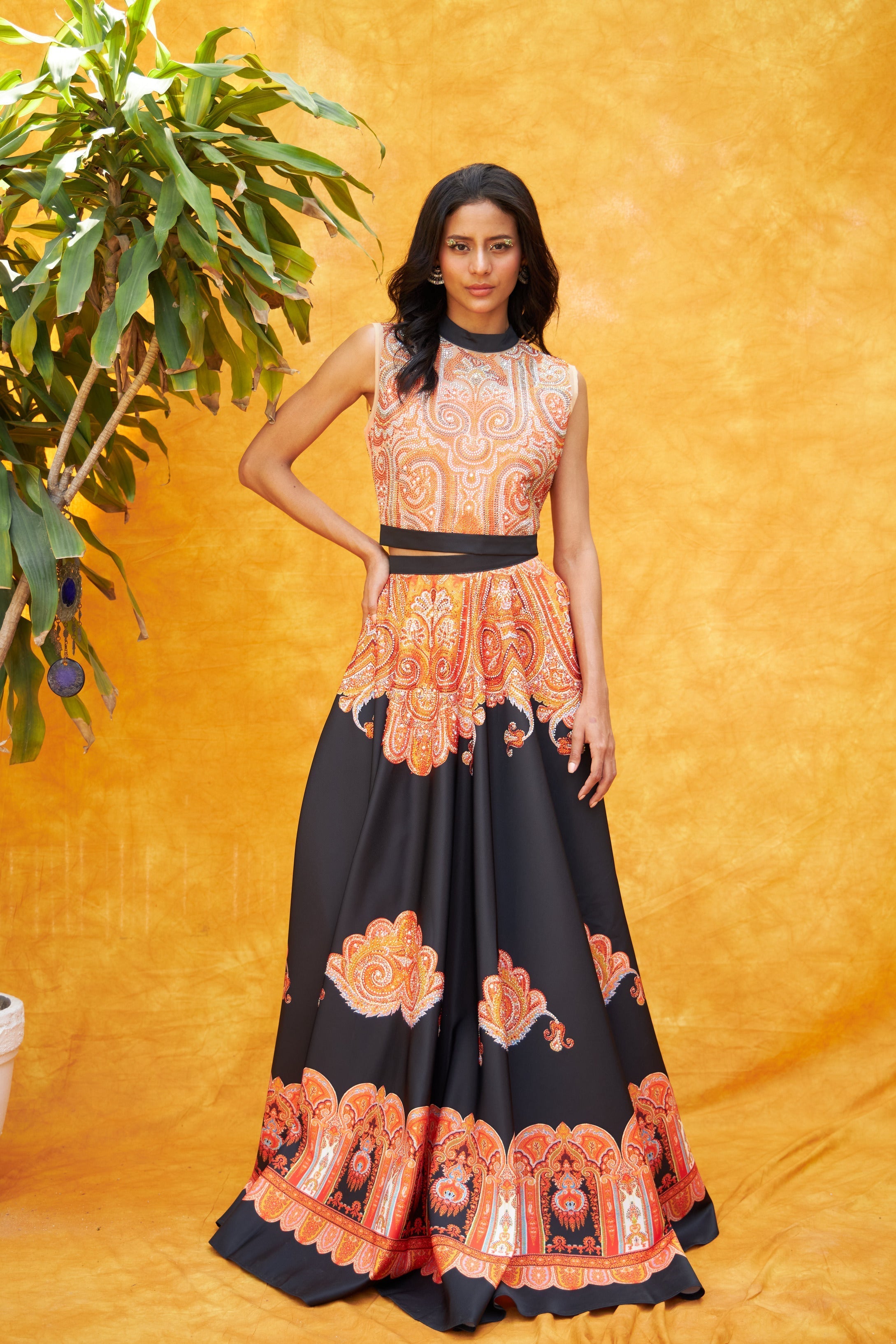 Digital Printed Ghagra with Embellished Blouse - Orange Black