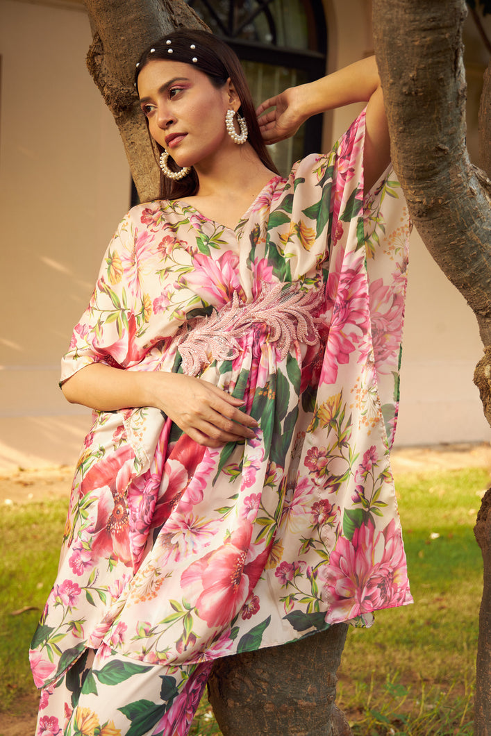 Floral Fantasy Kaftan Cinched-In Top - Pink Magic