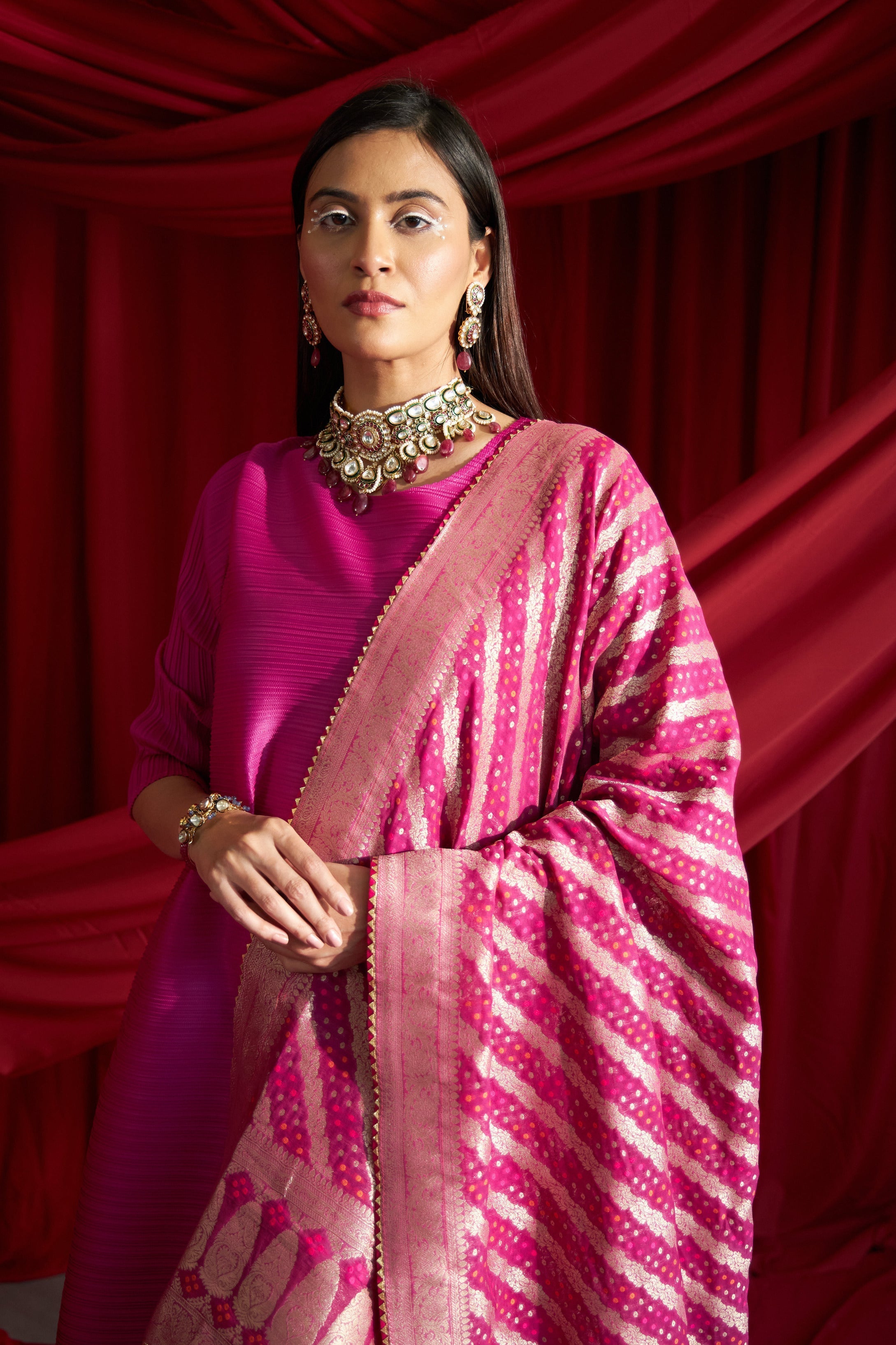 Siara Kurta with Plisse Straight Pants - Fushia
