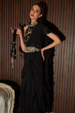 Load image into Gallery viewer, Reyna Glazed Classy Ruffle Saree with Gara Blouse and Belt - Black