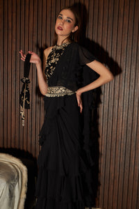 Reyna Glazed Classy Ruffle Saree with Gara Blouse and Belt - Black