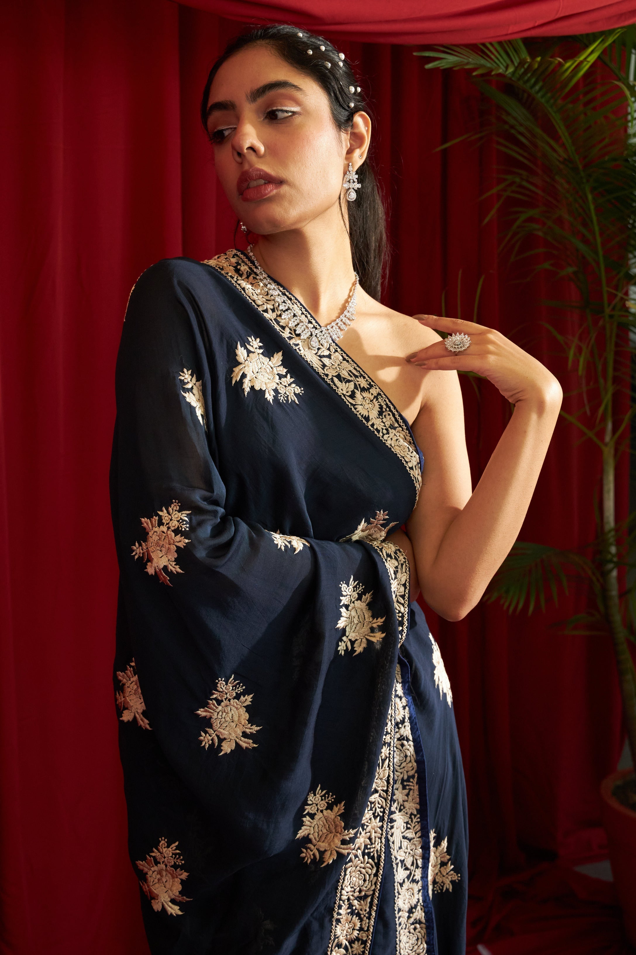 Reyna Gara Glazed Cape With Coordinated Pants- Navy Blue