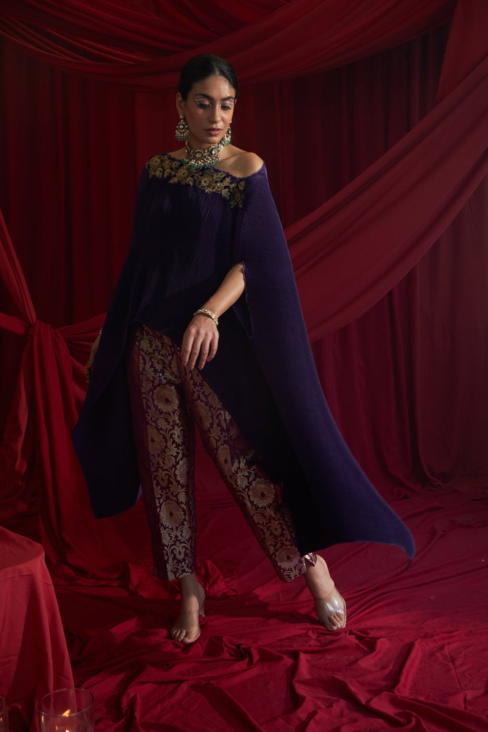 Divine Embroidered Cape with Brocade Pants - Purple