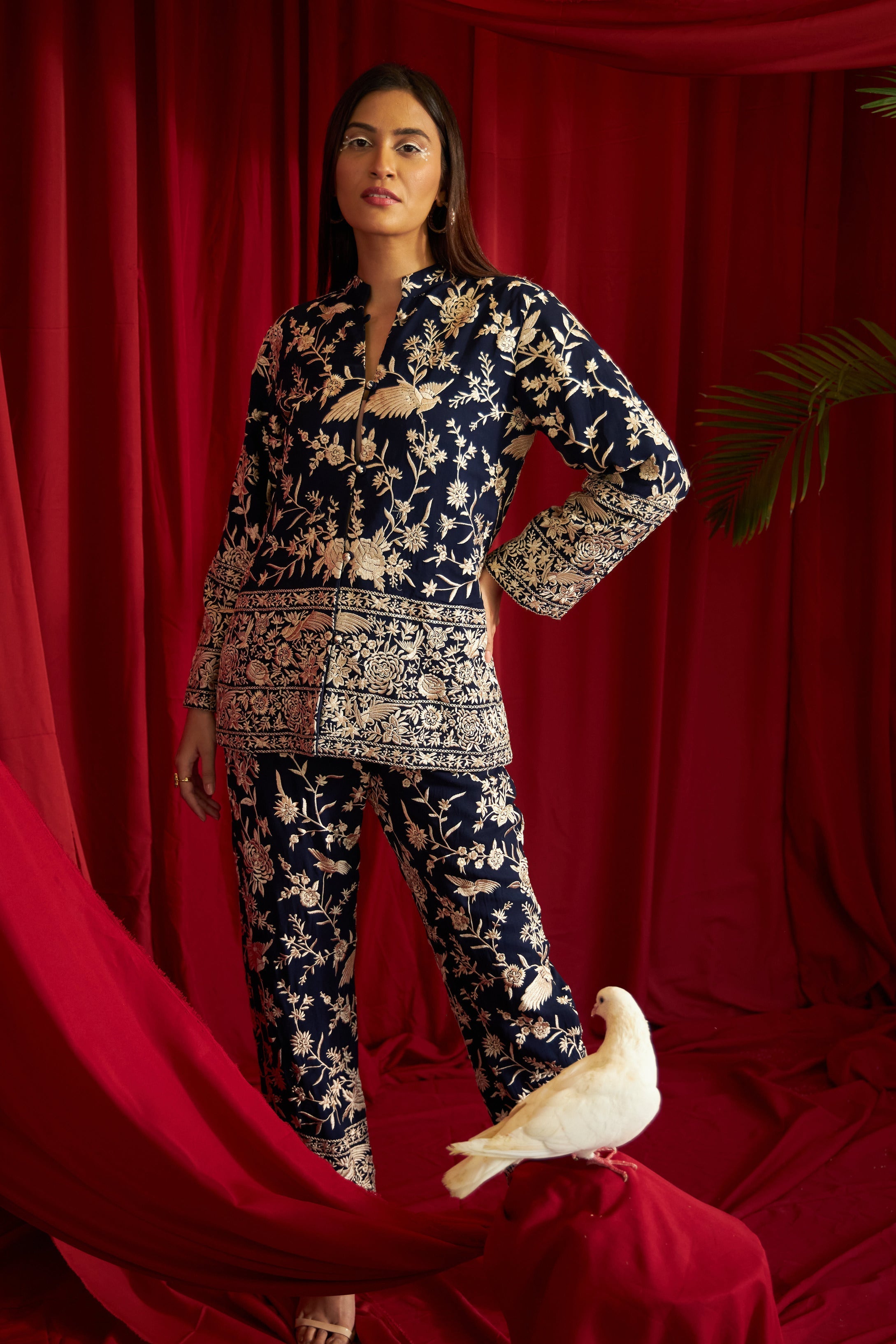 Reyna Gara Glazed Potli Button Jacket With Coordinated Pants- Navy Blue