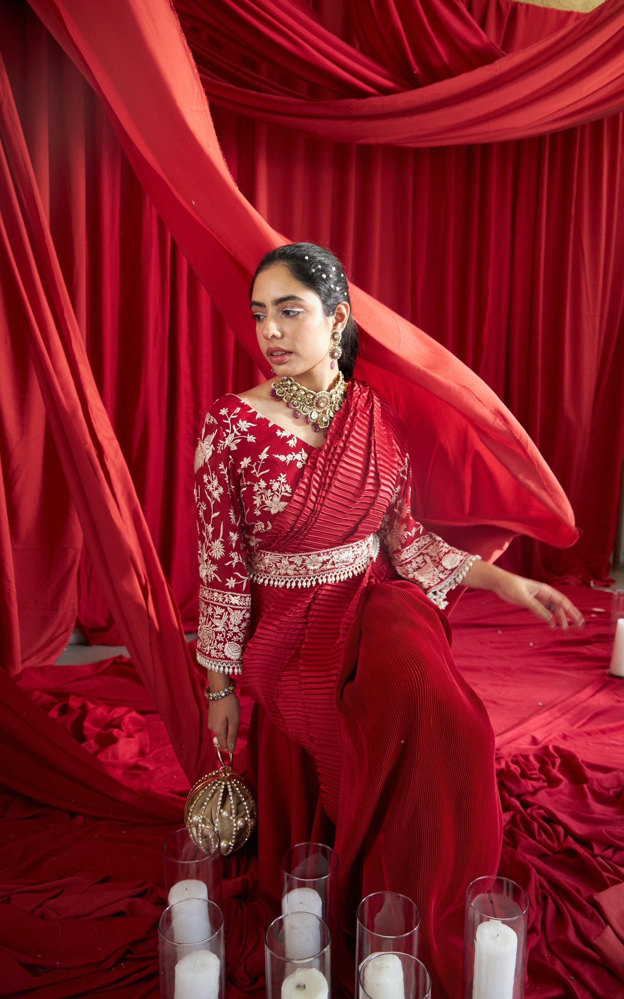 Reyna Glazed Pleated Skirt Saree with Gara Bell Sleeve Blouse and Belt - Red