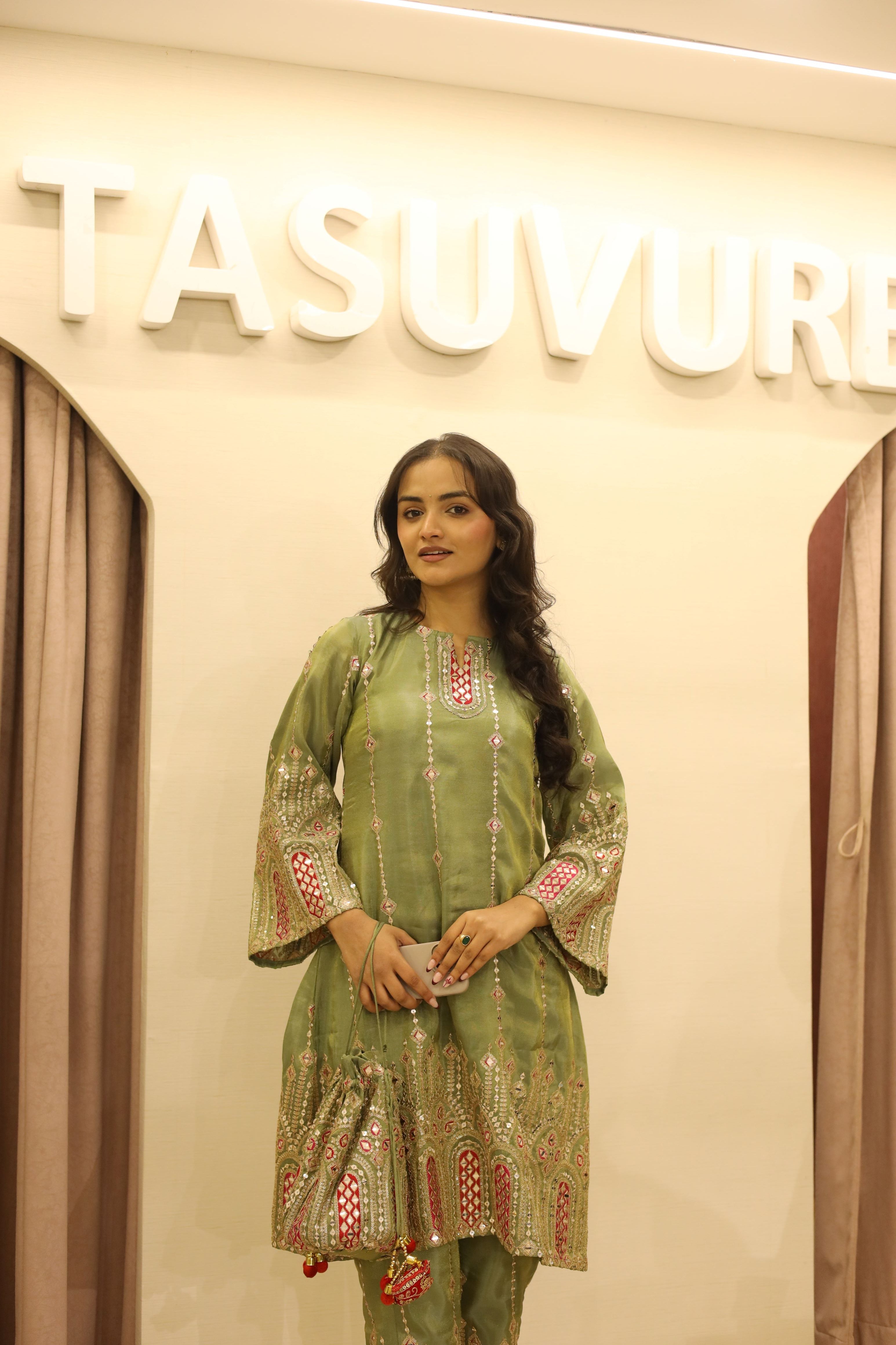 Tissue 3 Piece Kurta Set - Green