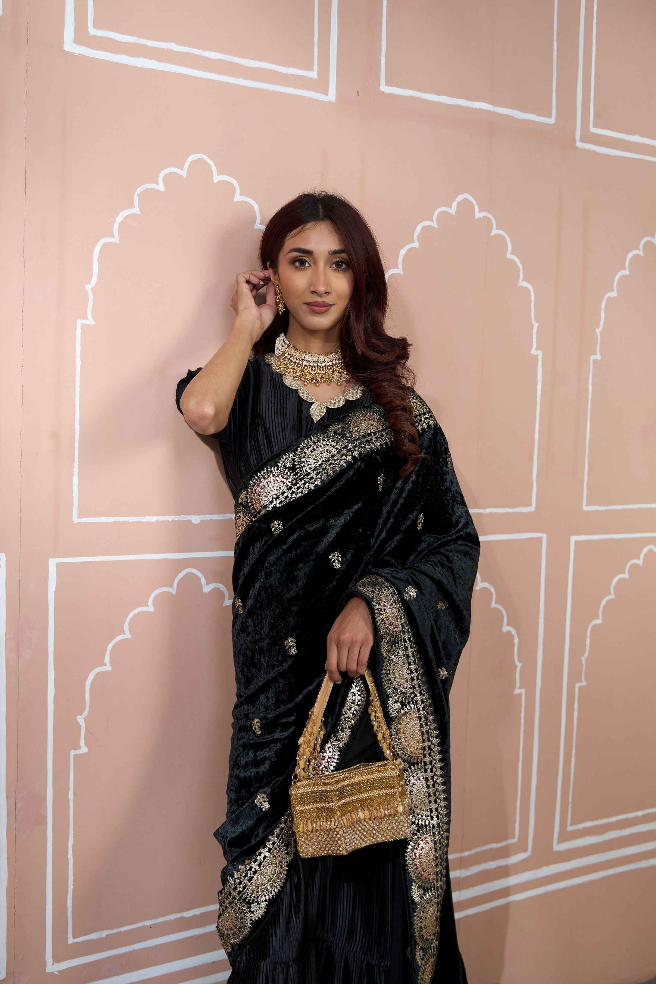 Classy Pleated Saree with Velvet Palla - Black