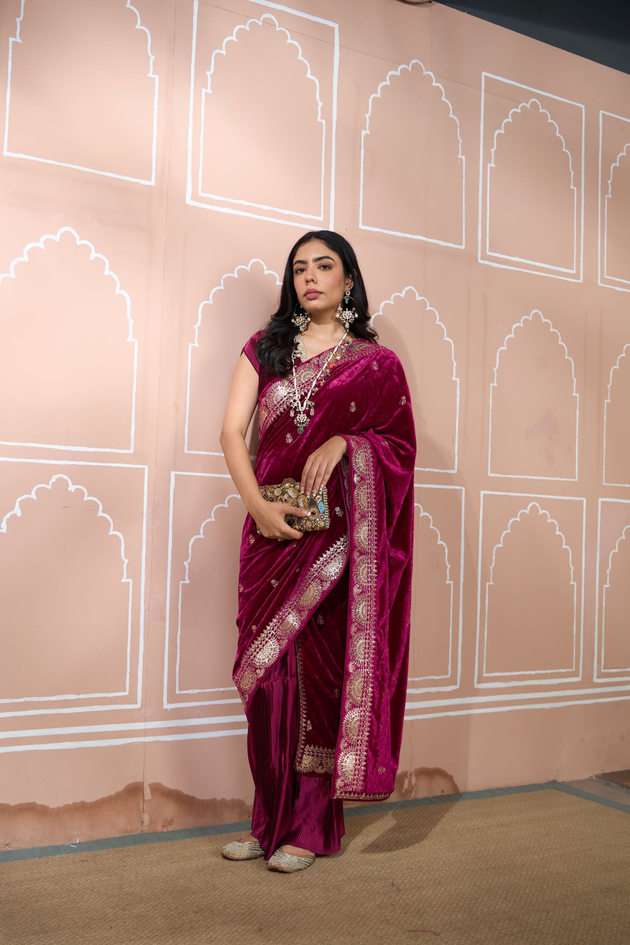 Classy Pleated Saree with Velvet Palla - Maroon