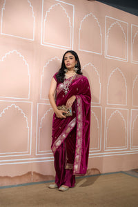 Classy Pleated Saree with Velvet Palla - Maroon