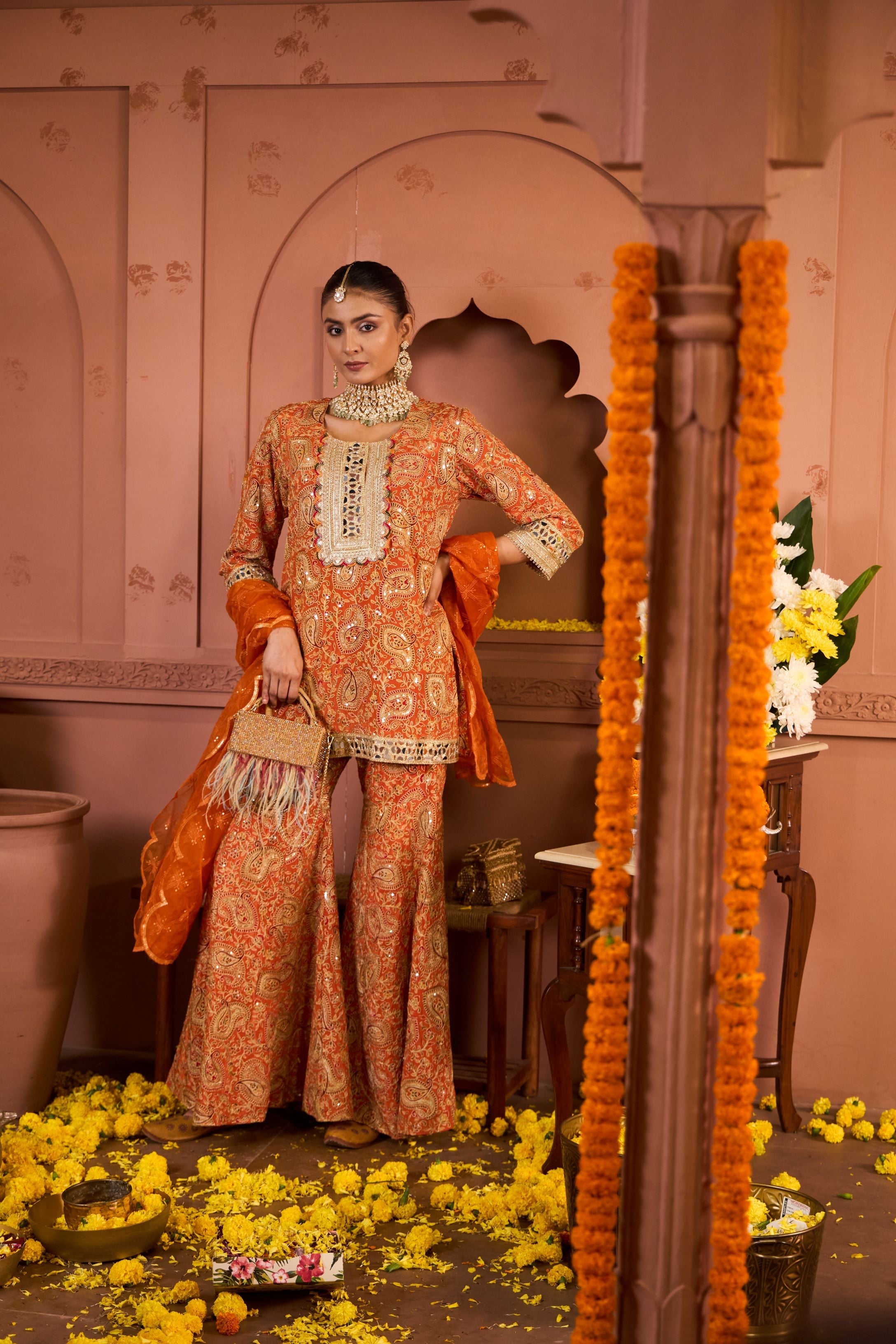 Elizey Paisley Embroidered Sharara Set - Orange