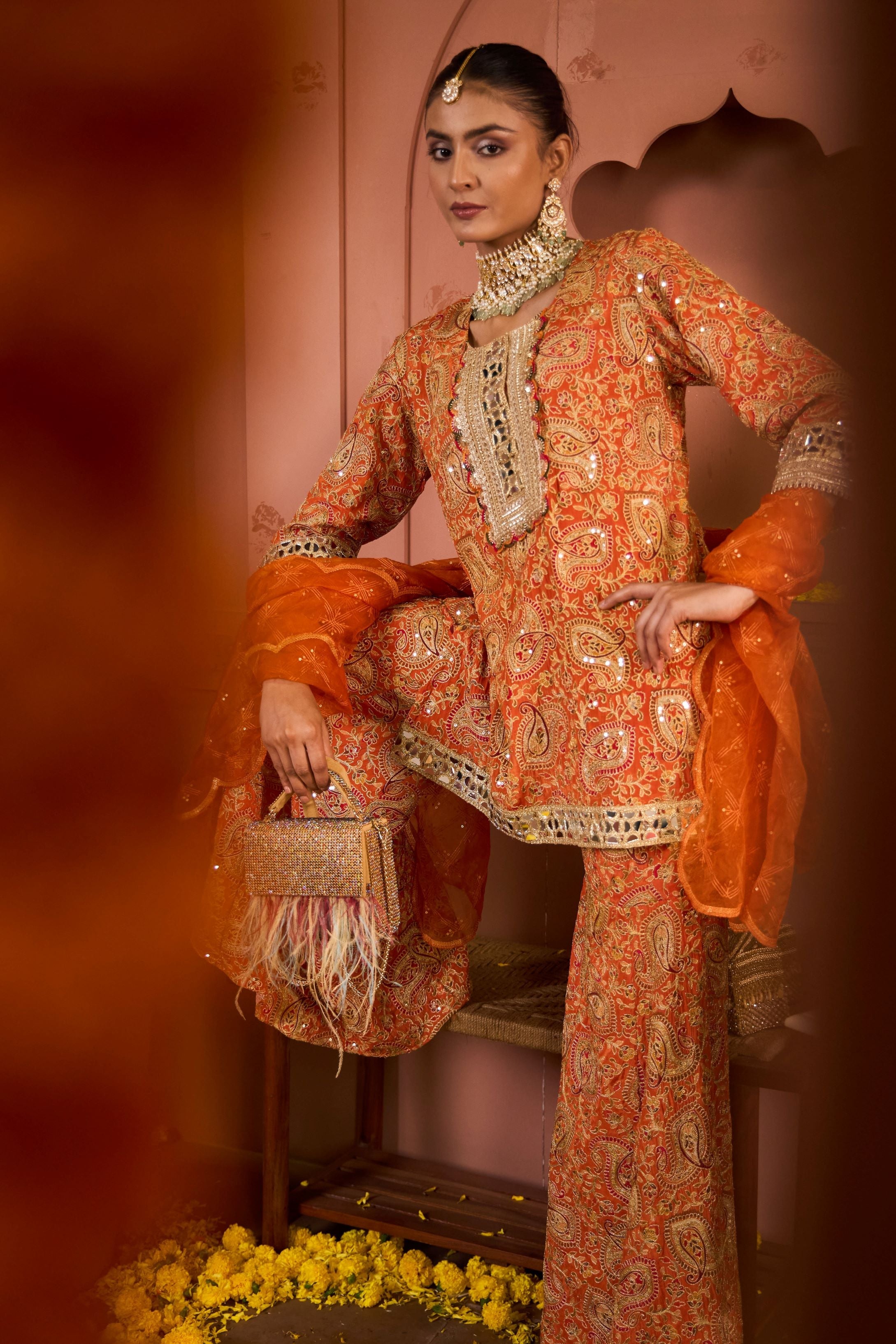 Elizey Paisley Embroidered Sharara Set - Orange