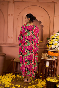 Rose Embroidered Kaftan - Fuschia and Black