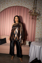 Load image into Gallery viewer, Avyah Black Gold Sequence One-Shoulder Mesh Top with Embroidered Pants - Black