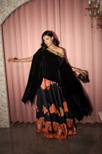 Digital Printed Ghagra with Embellished Blouse - Orange Black