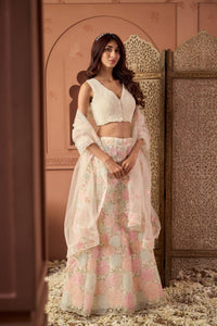 Saira Floral Embroidered Ghaghra with Pearl Blouse And Chunni - Pastels