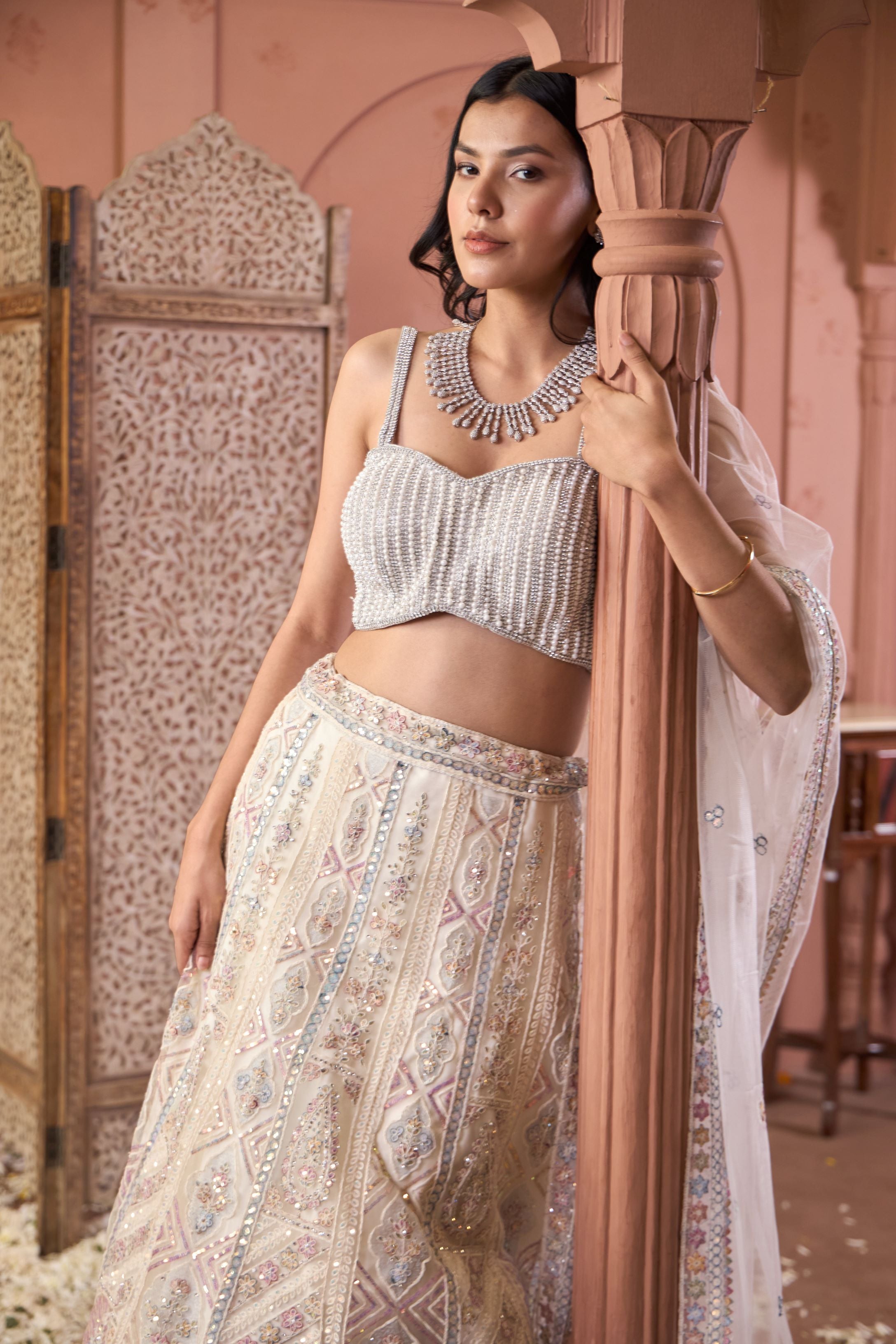 Saira Embroidered Ghaghra with Pearl Blouse And Chunni - Pastels