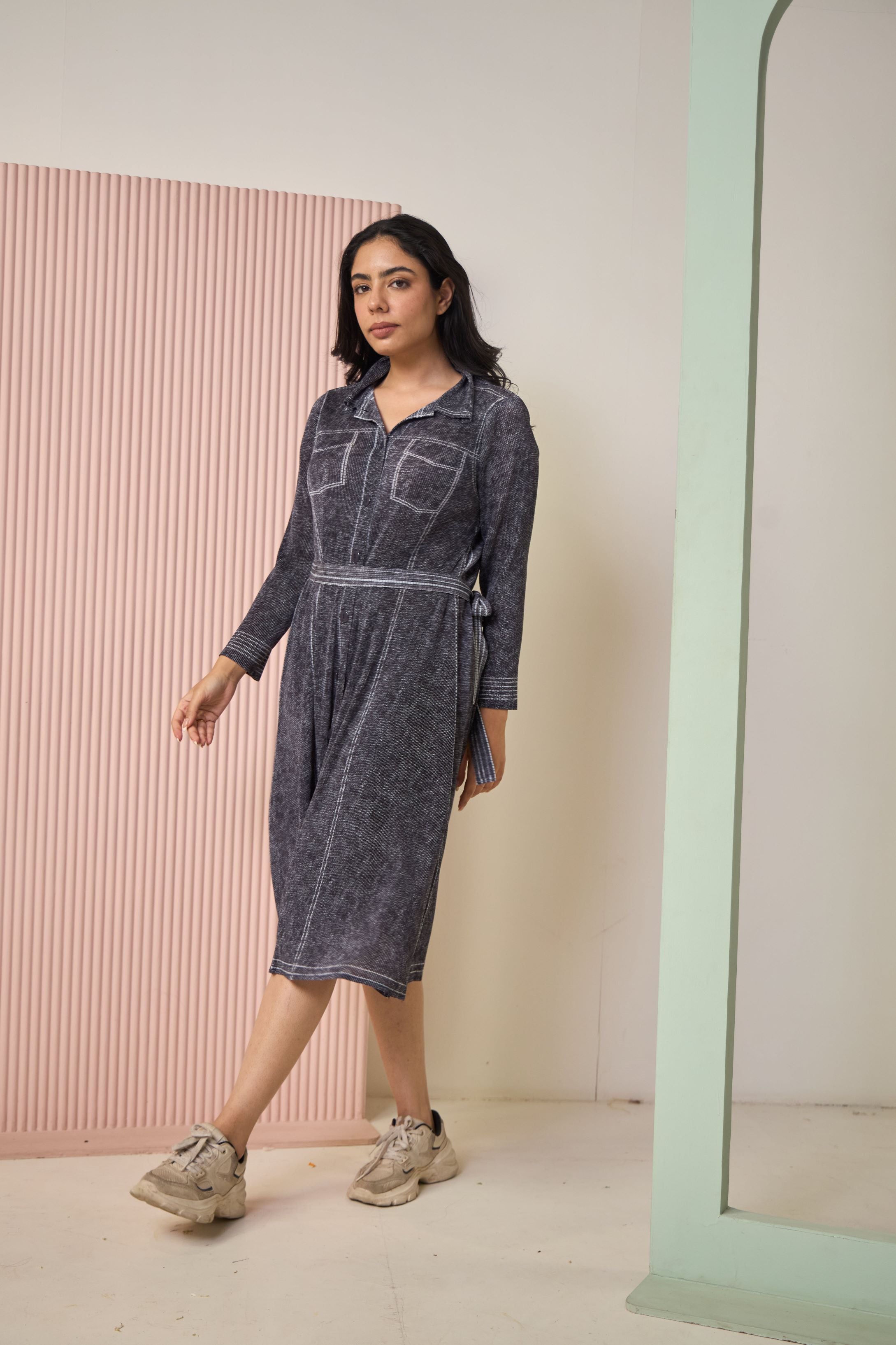 Daryl Denim Plisse Shirt Dress-Grey Wash