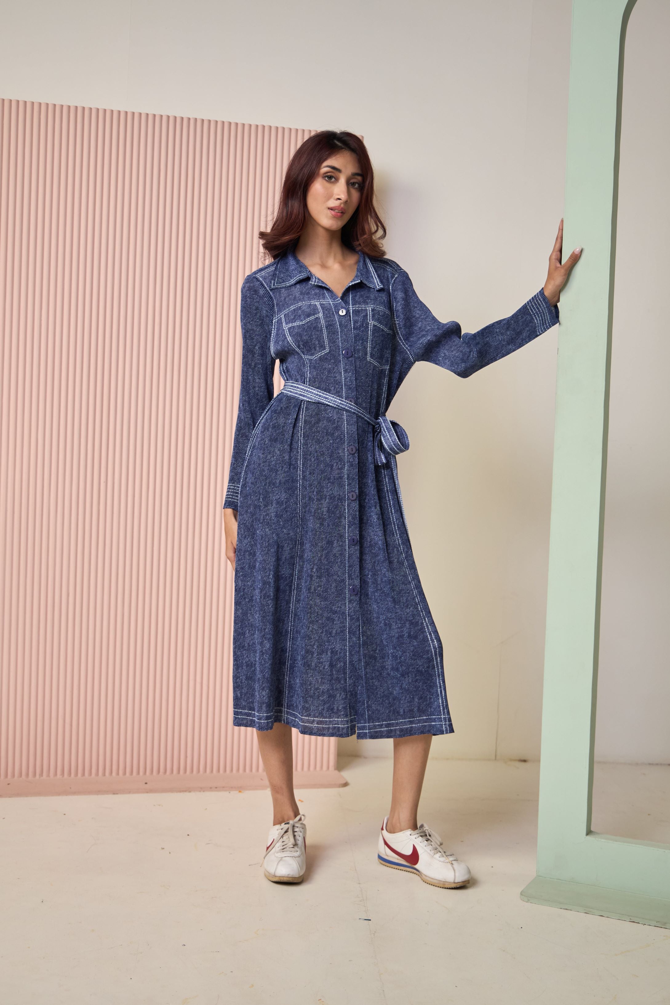 Daryl Denim Plisse Shirt Dress-Denim Wash