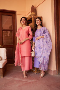 Kiara Kurta with Culottes Pants and Organza Dupatta - Peach