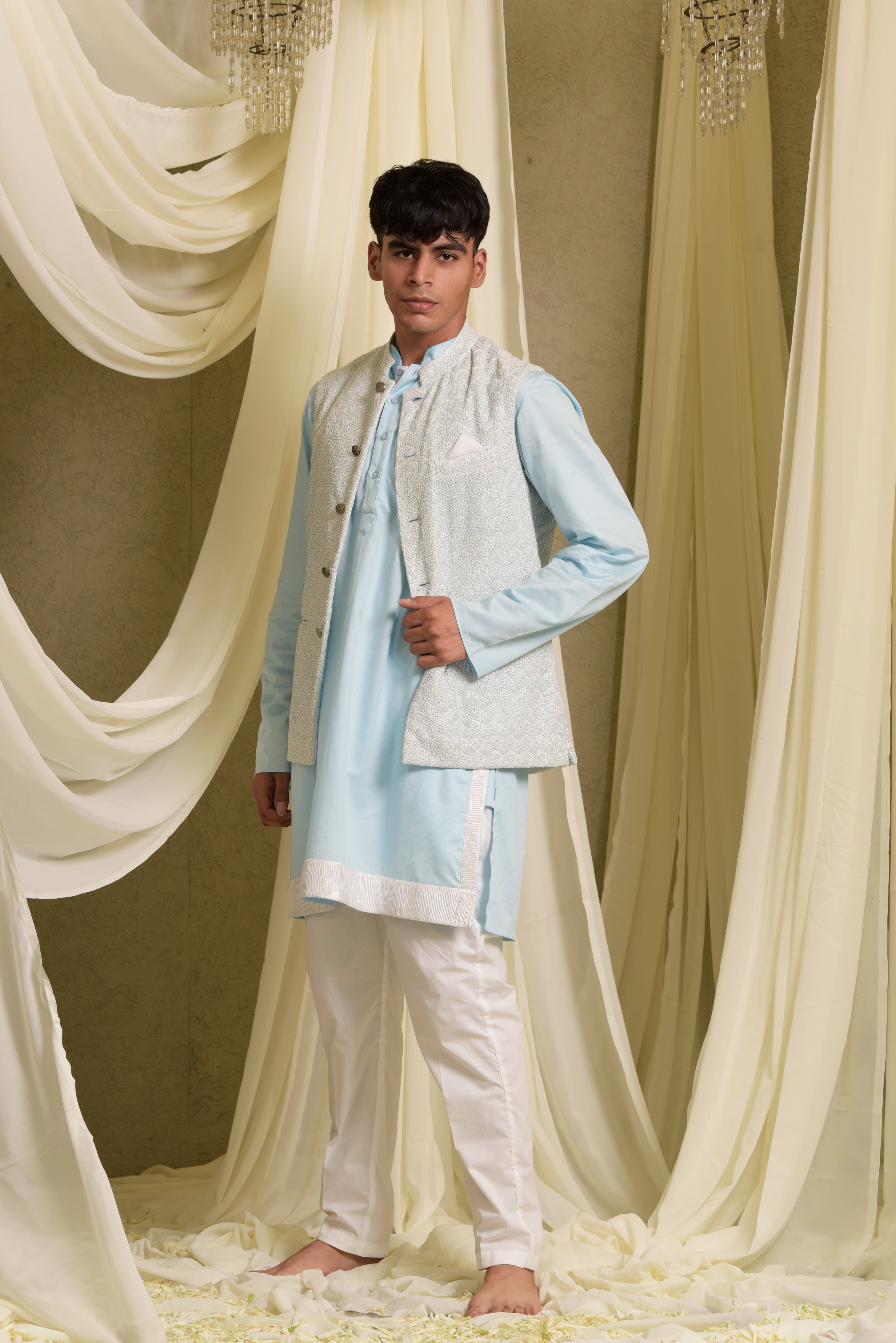 PLEATED STRIPE KURTA SET WITH CHIKANKARI EMBROIDERED JACKET - BLUE