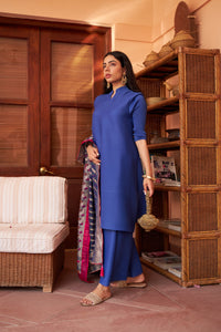 Myra Mandarin Kurta with Culotte Pants and Bandhani Chunni - Cobalt Blue