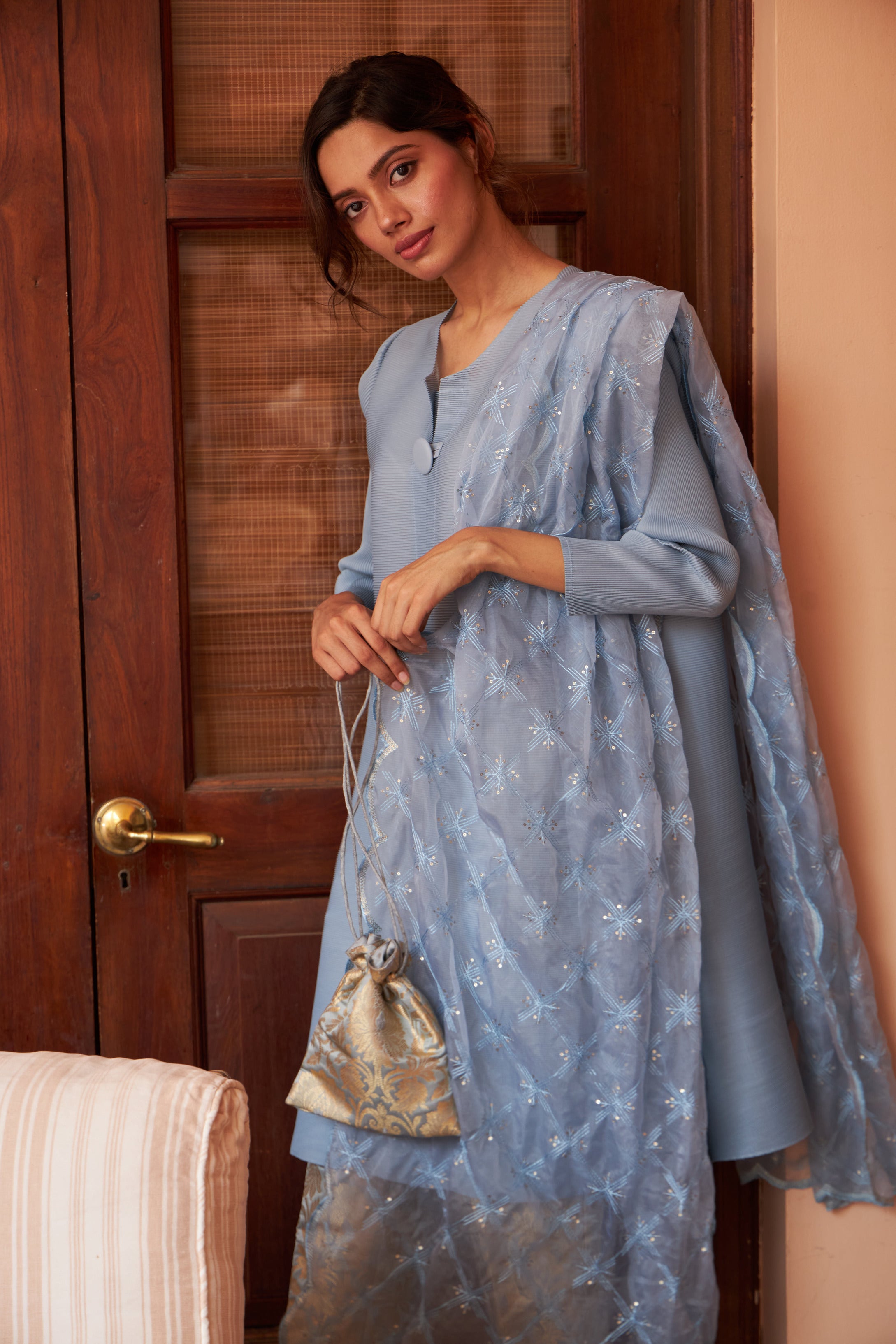 Elegant Pleated &amp; Brocade Tunic Set with Dupatta and Potli- Pastel Blue