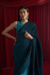 Reyna Gara Glazed Classy Pleated Gown Saree with Belt - Shades of Teal