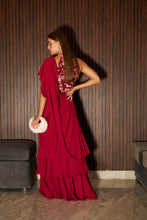 Load image into Gallery viewer, Reyna Glazed Classy Ruffle Saree with Gara Blouse and Belt - Red